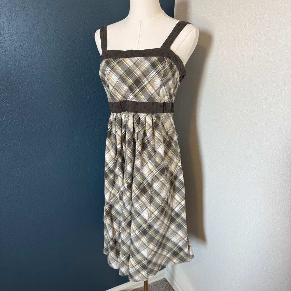 Vintage Plaid Pinafore Dress Womens Medium Brown Green Cottagecore Boho